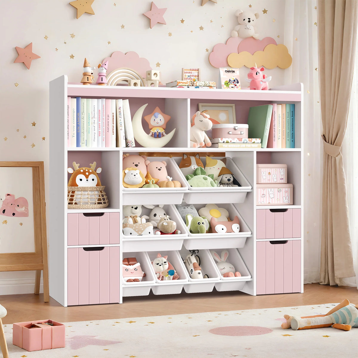 Homfa Kids Toy Storage Organizer with Cubby, Kids Toy Storage Chest with Removable Drawers, Kids Bookcase for Playroom Bedroom Living Room, Pink