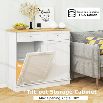 Costway 15.5 Gallon Kitchen Tilt Out Trash Cabinet Rubber Wood Tabletop 2 Drawers Shelf Gray