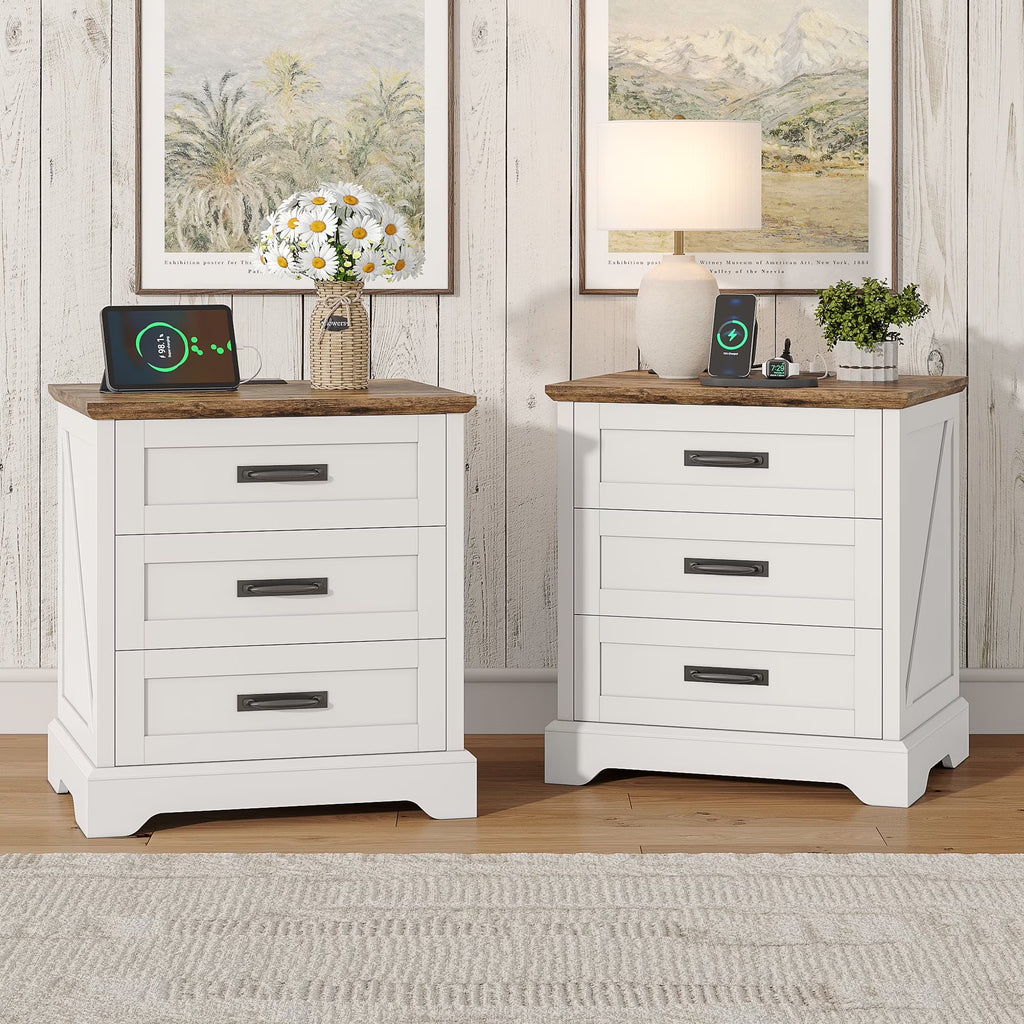 Farmhouse Nightstand Set of 2, 22 inch Side Table with Charging Station for Bedroom, 2PCS, White