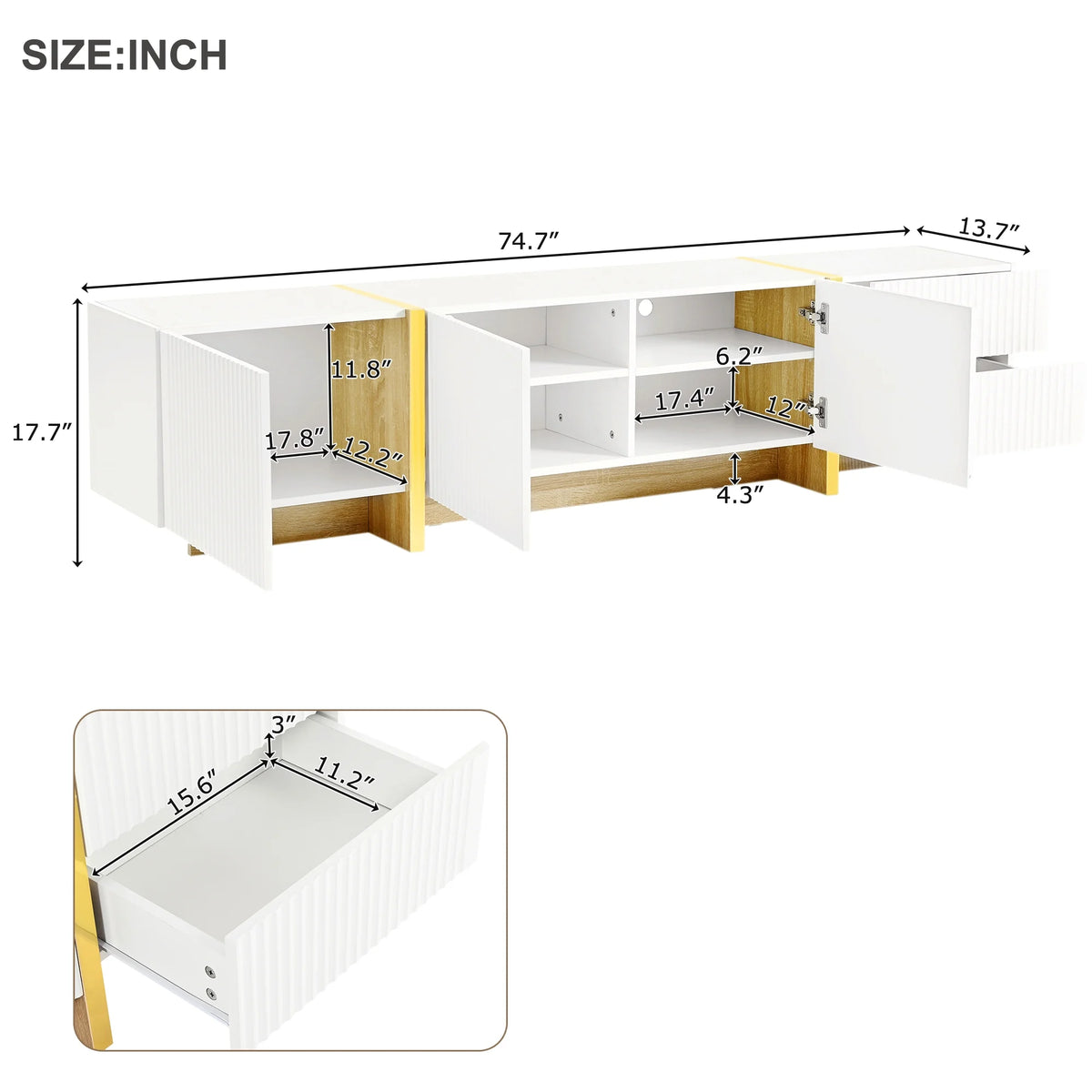 Luxury Fluted TV Stand for TVs Up to 80'', Modern Entertainment Center with Storage Cabinets & Drawers, Smooth Media Console with lden Wood Grain Legs for Living Room, White