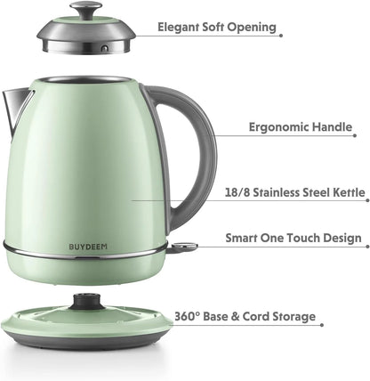 BUYDEEM K640N Stainless Steel Electric Kettle with Auto Shut-Off & Boil Dry Protection, 1.7L Cordless Hot Tea Water Boiler with Swivel Base, 1440W Fast Heating