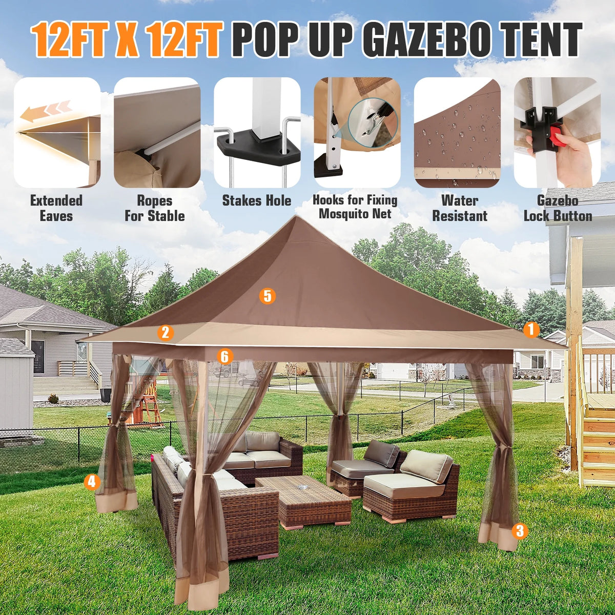 HOTEEL 12x12 EZ Pop Up Gazebo Tent with Sidewalls,Patio Gazebo Instant Shelter for Outdoor Party Camping Backyard Beach with Carry Bag,Stakes,Ropes,Gray