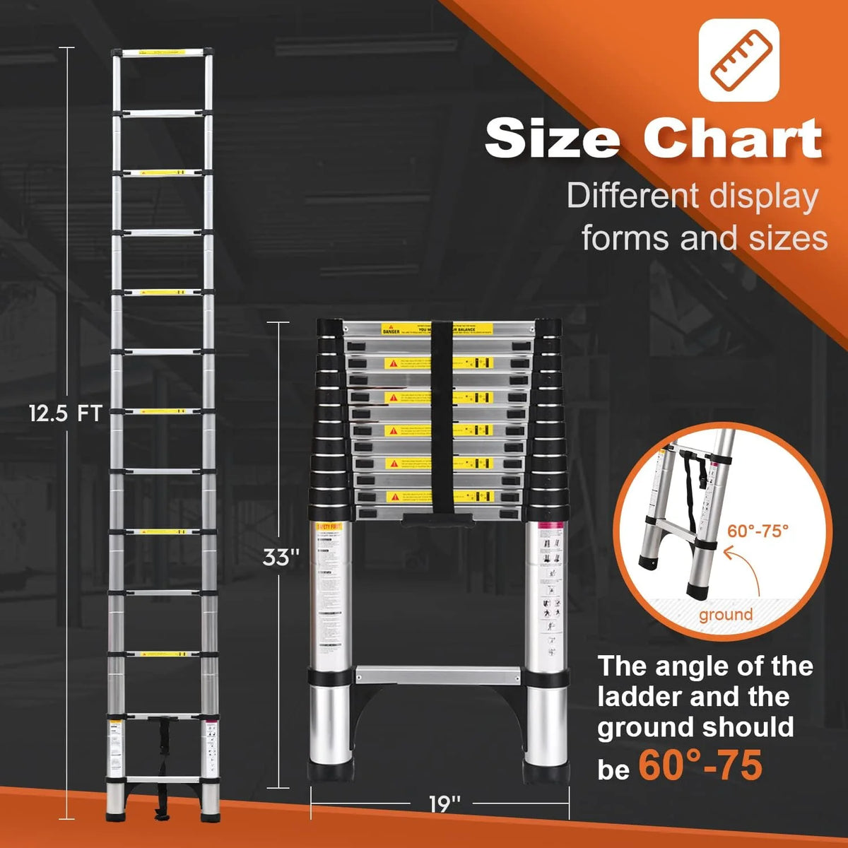 HBTower 12.5 FT Telescoping Ladder,  Aluminum Lightweight Extension Ladder with 2 Triangle Stabilizers, Heavy Duty 330lbs Max Capacity, Multi-Purpose Collapsible Ladder for RV or Outdoor Work