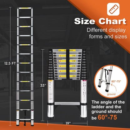 HBTower 12.5 FT Telescoping Ladder,  Aluminum Lightweight Extension Ladder with 2 Triangle Stabilizers, Heavy Duty 330lbs Max Capacity, Multi-Purpose Collapsible Ladder for RV or Outdoor Work