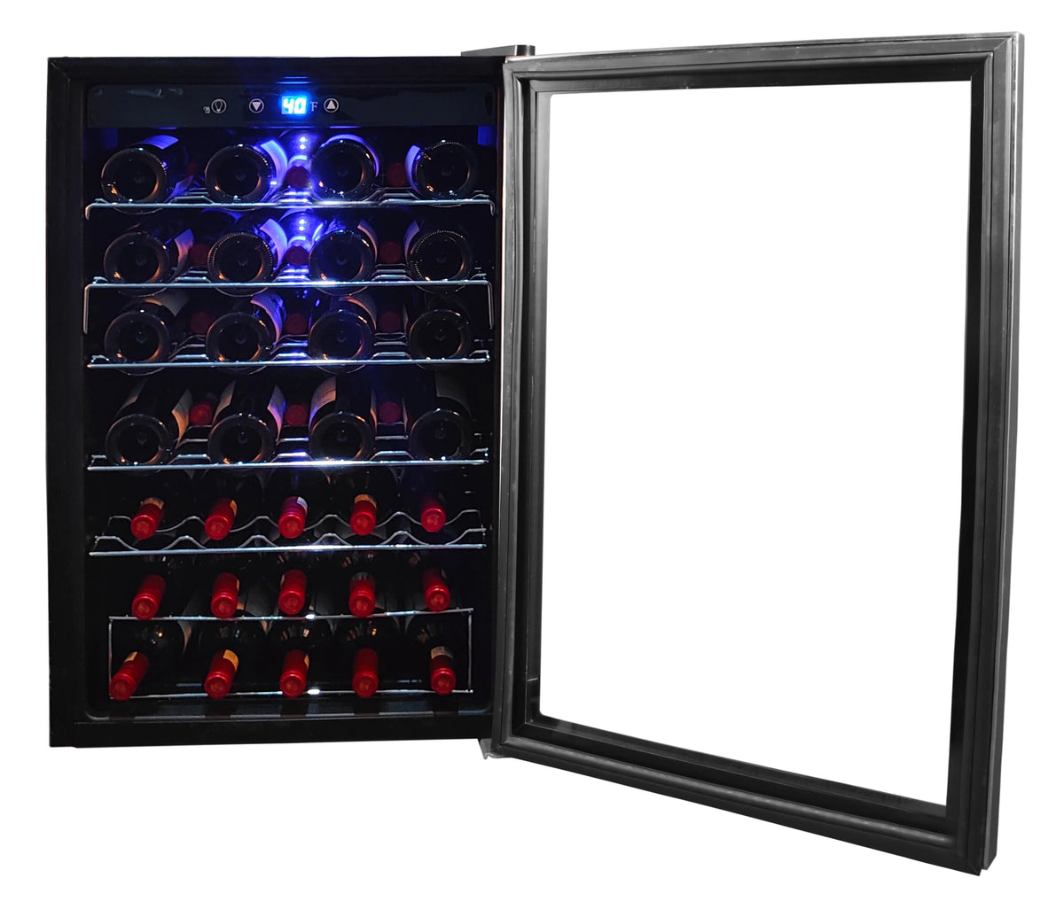 Hamilton Beach, 43 Bottle, Dual Zone Wine Refrigerator, Glass Door, Wooden Shelves, Stainless Steel