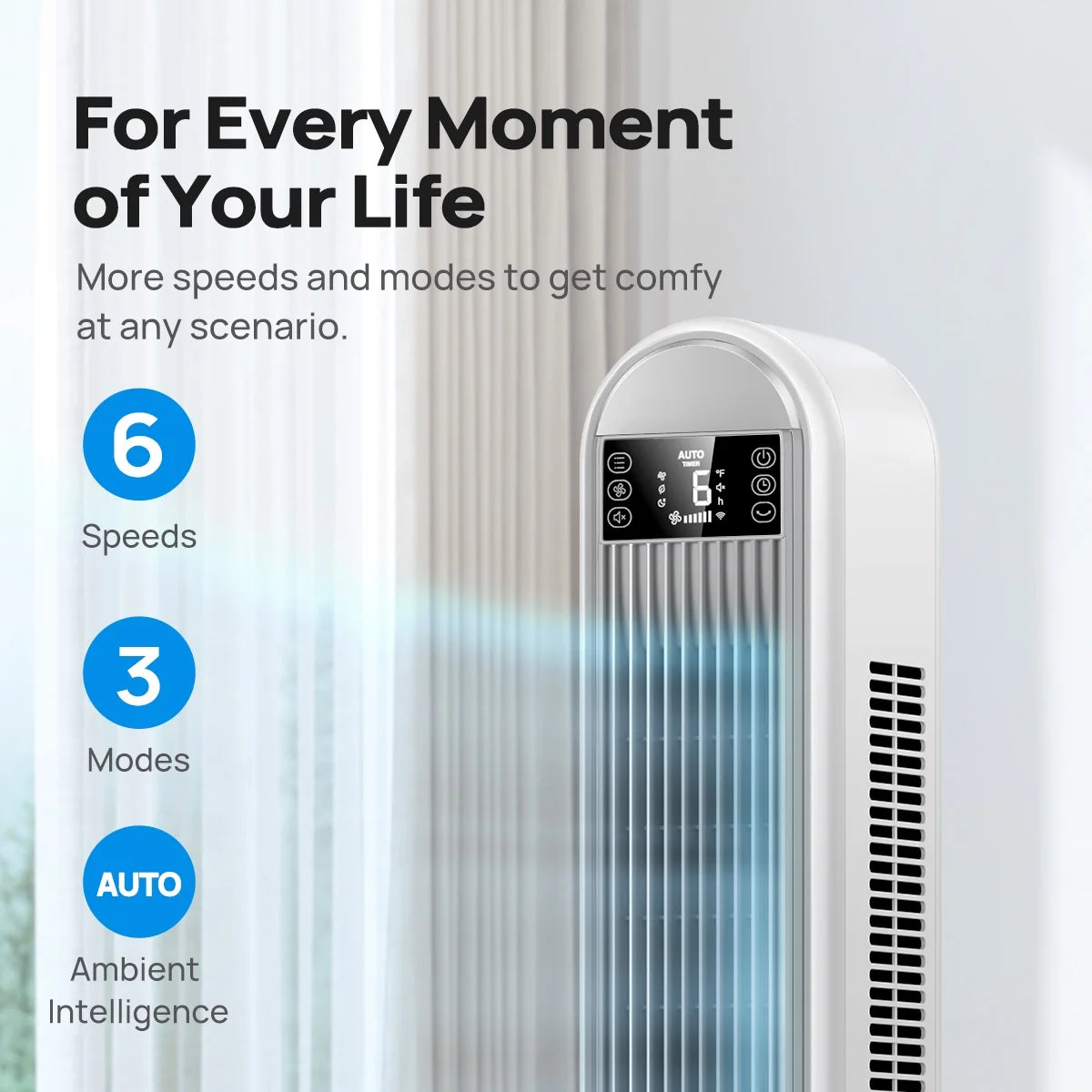 Dreo Tower Fan for Home, 42" Standing Fan with Remote, 90�� Oscillating Fan for Indoors, 34dB Quiet Bedroom Fans, 6 Speeds, 4 Modes, 12H Timer, Bladeless Fan with LED Display, 26 ft/s High Velocity