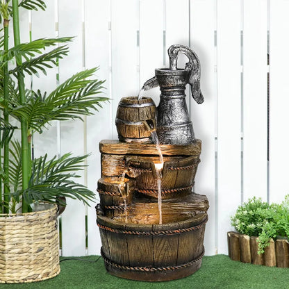 Outdoor Floor Rustic 5-Tiered Barrel and Pump Water Fountain for Garden and Patio Decor