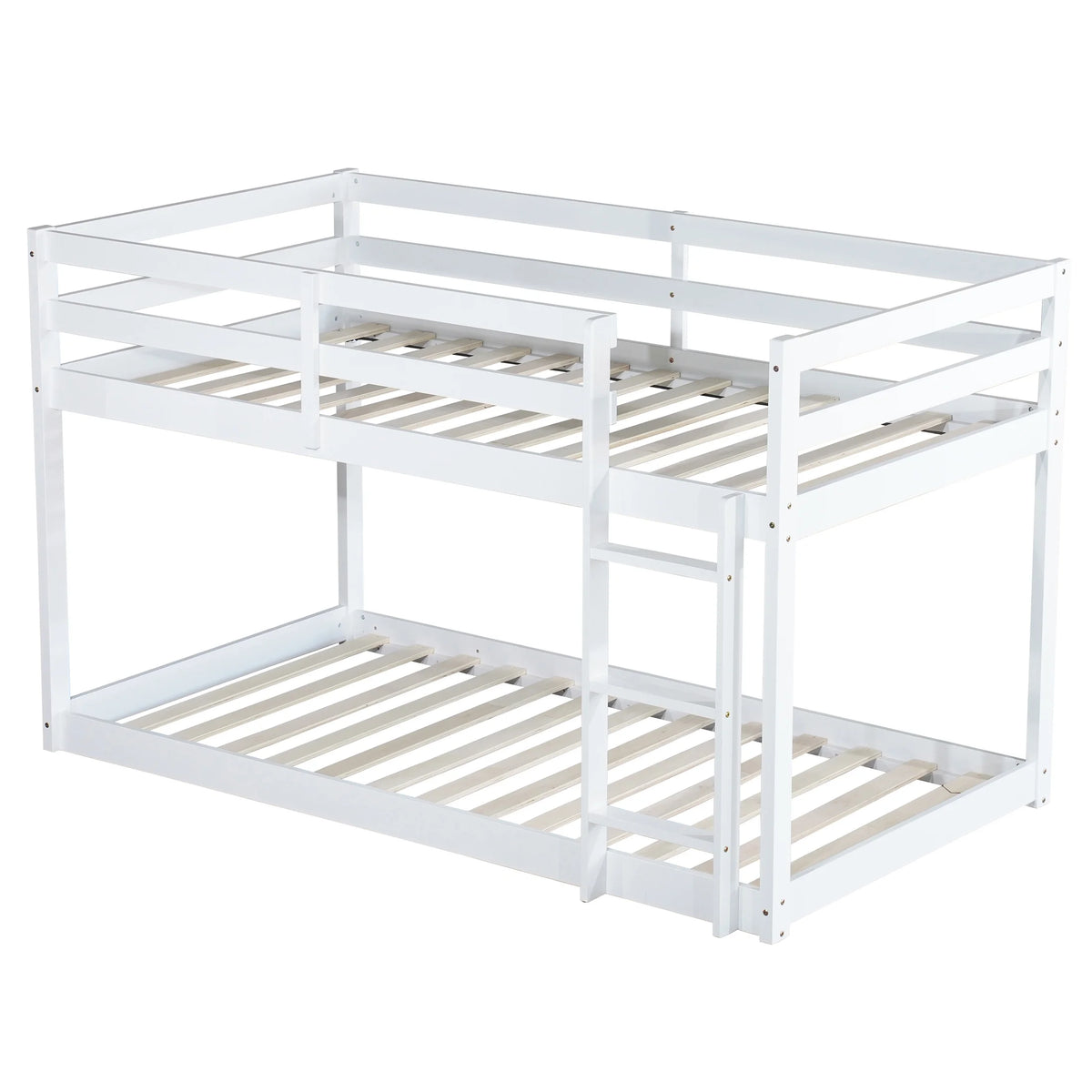 Twin Over Twin Floor Bunk Bed, UHOMEPRO Solid Wood Low Bunk Bed with Safety Rail, Ladder, Heavy Duty Bunk Beds, Space-Saving Bedroom Dorm Furniture, Gray