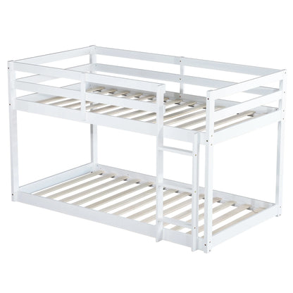 Twin Over Twin Floor Bunk Bed, UHOMEPRO Solid Wood Low Bunk Bed with Safety Rail, Ladder, Heavy Duty Bunk Beds, Space-Saving Bedroom Dorm Furniture, Gray