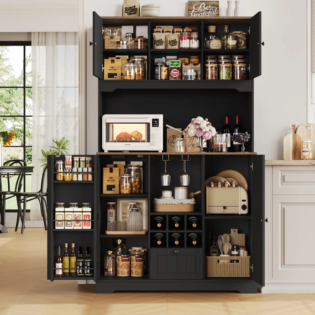 Homfa 71.3'' Kitchen Pantry Storage Cabinet with Charging Station, LED Light Kitchen Hutch Cabinet with Doors and Shelves and Wine Holder, White