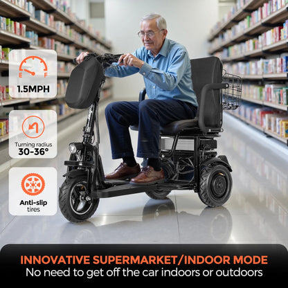 BAMACAR 3-Wheel Folding Mobility Scooter Lightweight for Seniors & Adults 300 lbs, Portable Powered Handicap All Terrain Travel Scooter, Mobility Scooters Foldable Collapsible Electric Scooters Black