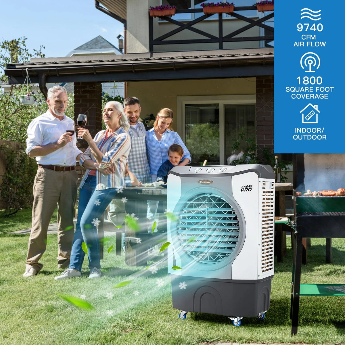 45L Evaporative Air Cooler 3-in-1 Swamp Cooler w/Large Water Tank & Washable Filter