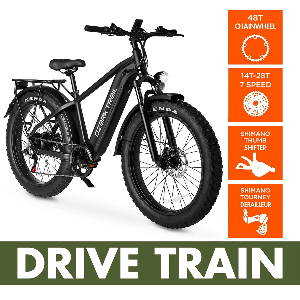 26" Ozark Trail M.3 Ranger+ Electric Fat Tire Bike, 48V, Class 2, Black, Fits Riders 5'2" - 6'1", Adult