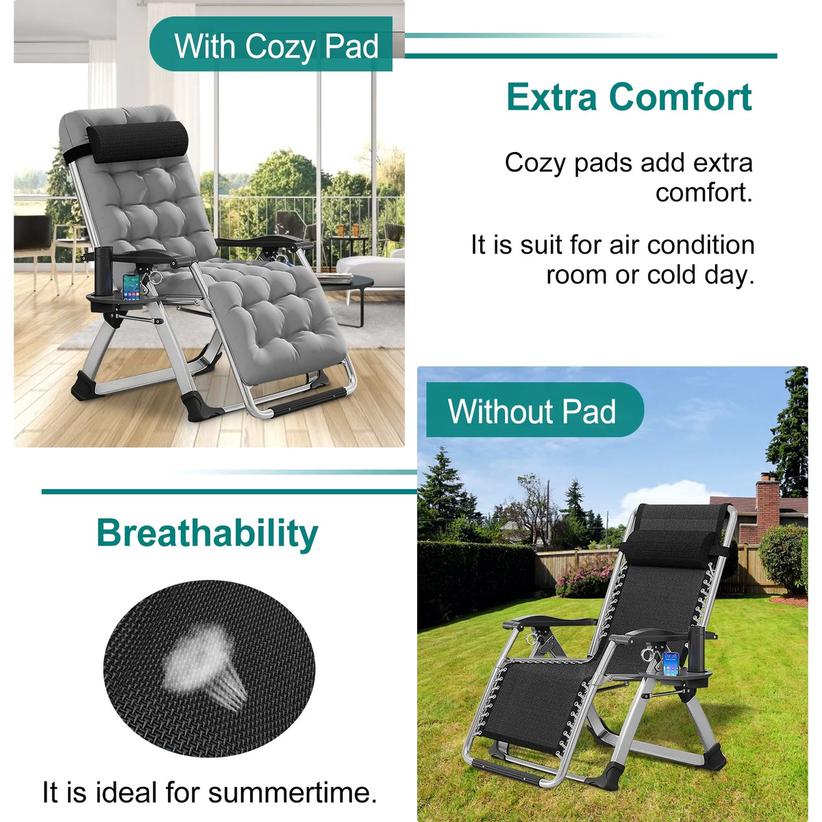 MOPHOTO Zero Gravity Chair Folding Outdoor Patio Recliner with Detachable Cushion,Cup Holder,Headrest,26"D x 20"W x 45"H