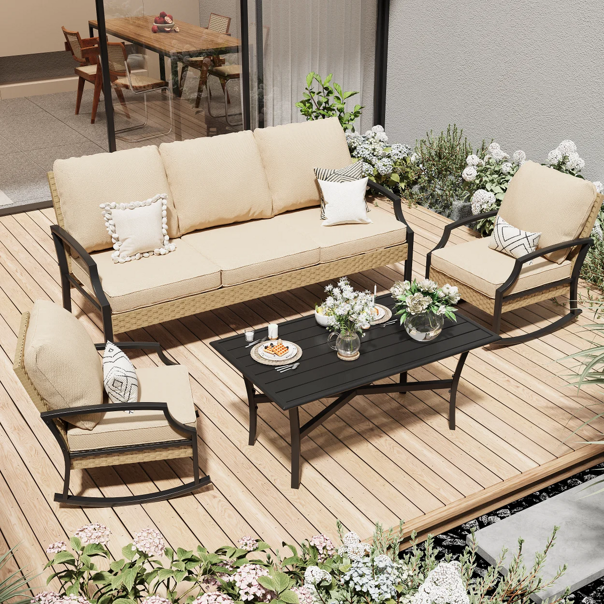 AECOJOY Patio Furniture Sets On Sale,Metal Outdoor Furniture Sets Clearance,Wicker Rattan Patio Conversation Sets For Porch, Garden and Backyard,Beige