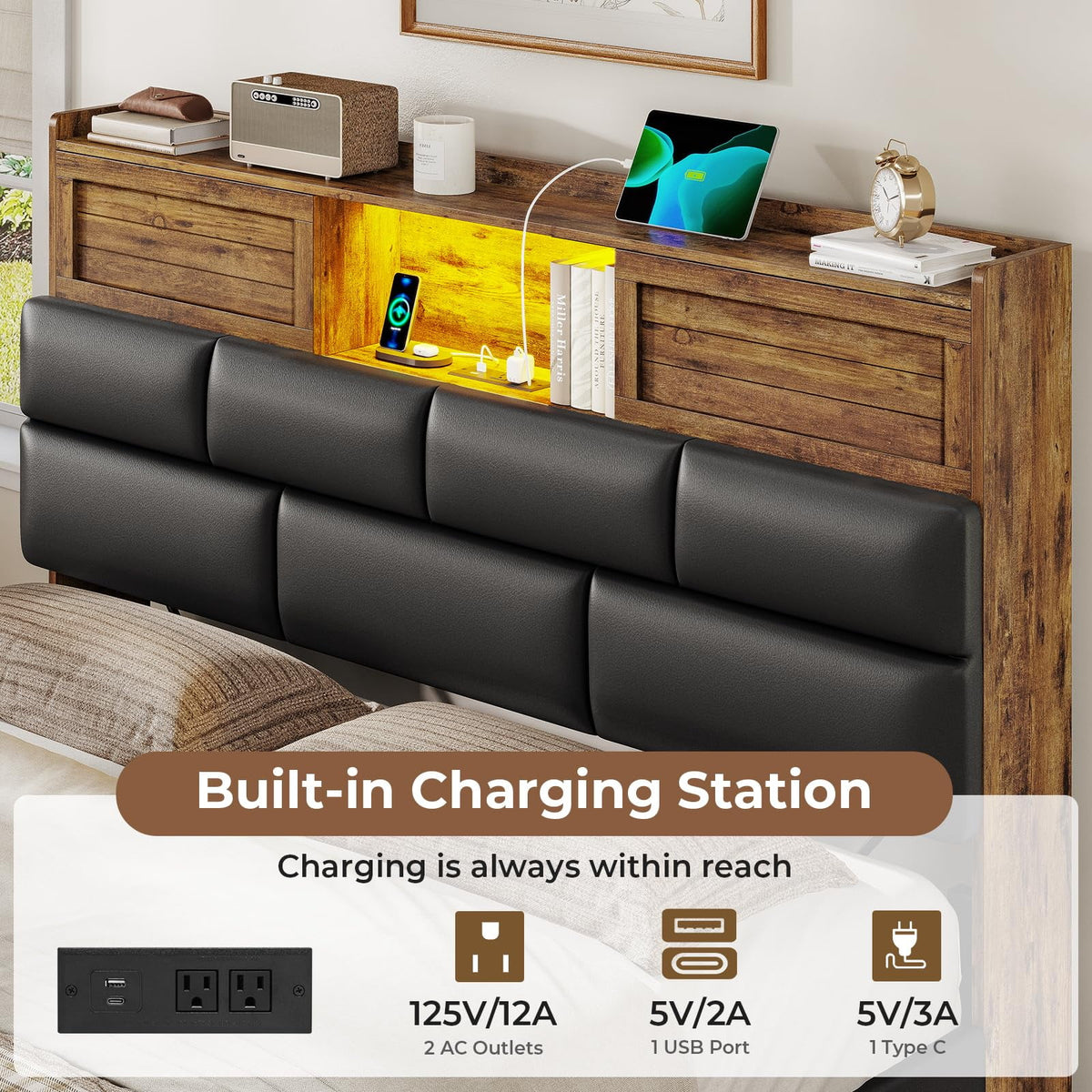 Twin Bed Frame with Bookcase Headboard and Storage, Barn Doors Twin Size Upholstered Beds with 4 Under Bed Storage Drawers & Charging Station & LED Lights, Grey