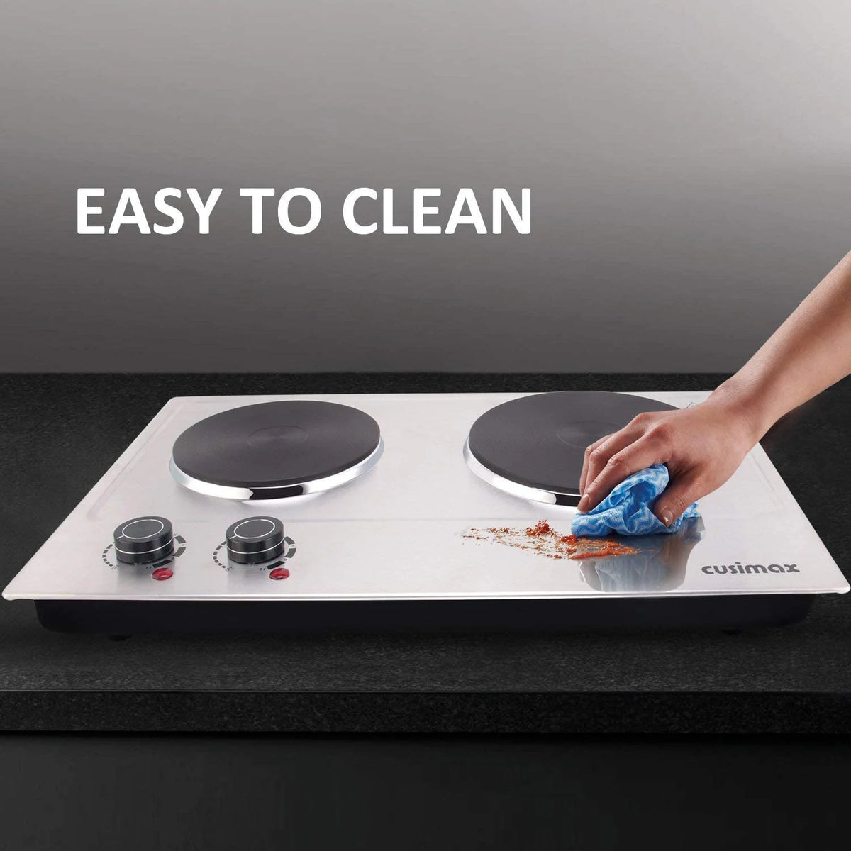 CUSIMAX 1800W Portable Double Burner Hot Plate �?Stainless Steel Countertop Electric Cooktop with Dual Cast Iron Heating Plates, Easy-to-Clean Silver Design, Upgraded Version