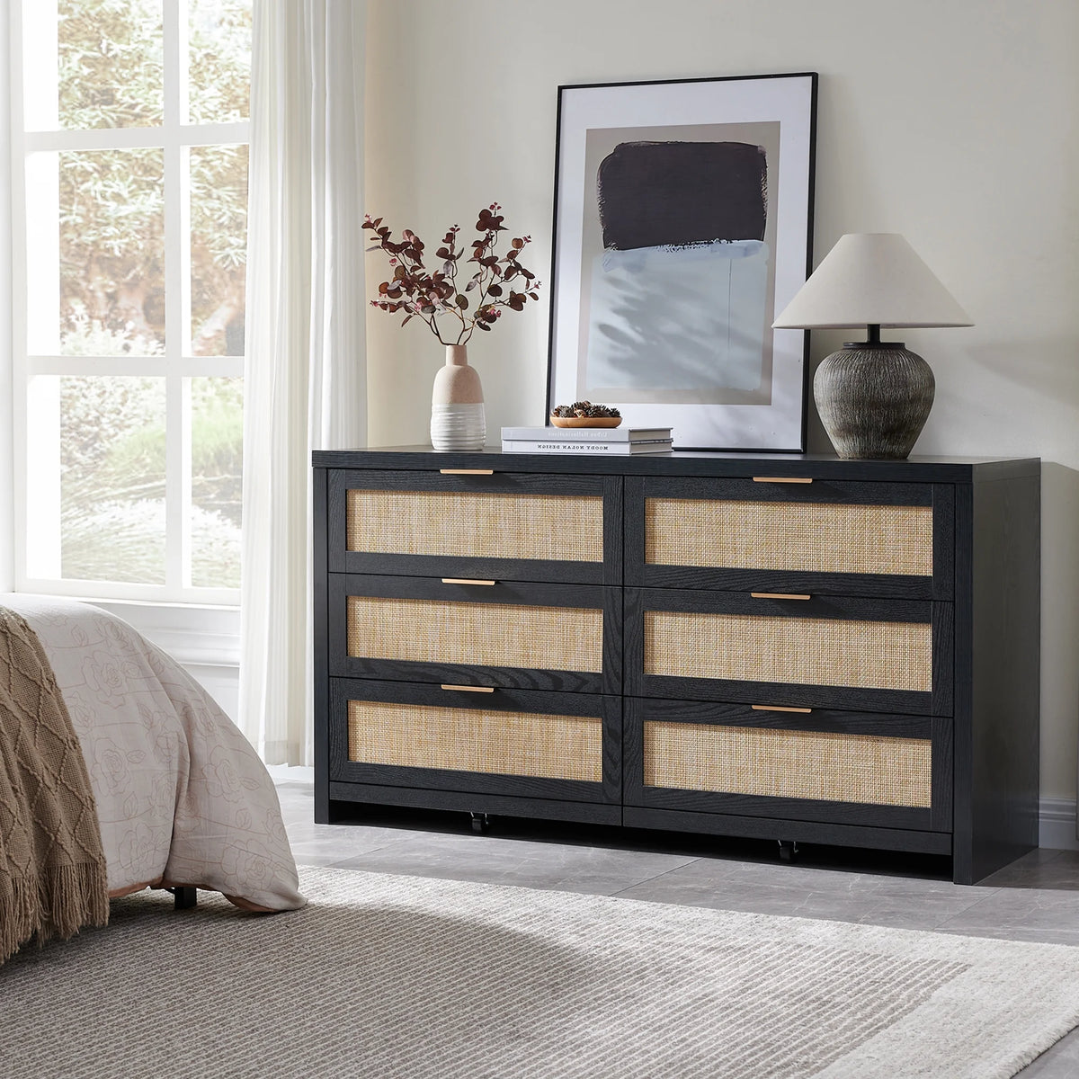 SICOTAS 56.85" 6 Drawer Dresser,Rattan Dresser with Storage,Boho Dressers & Chests of Drawers Wooden Tall  Dresser for Bedroom