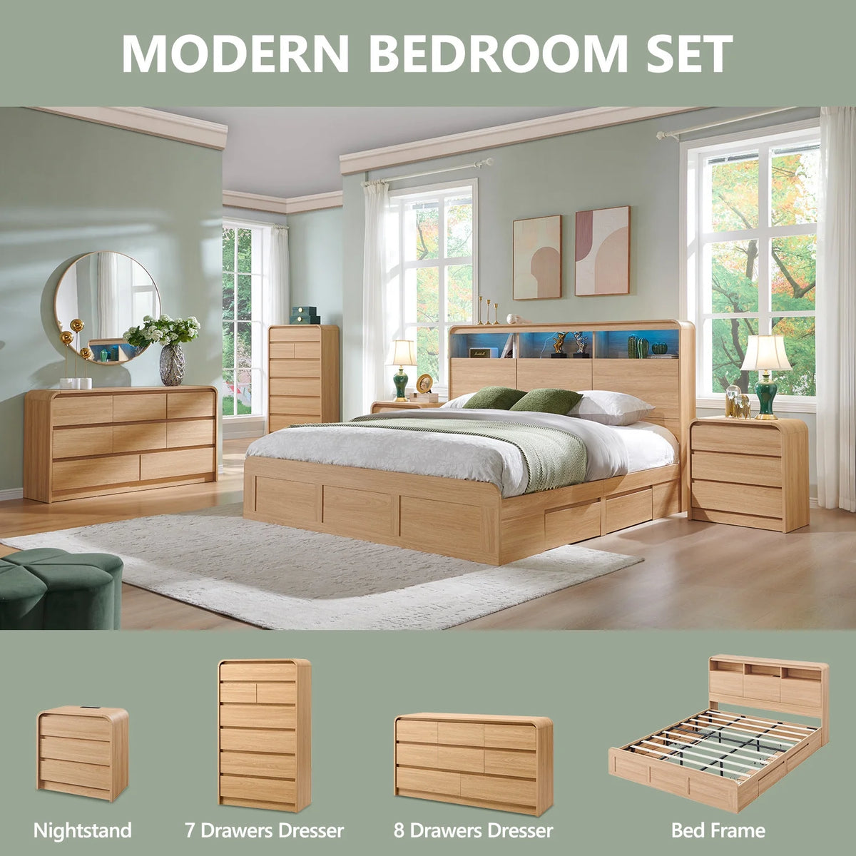 wow97e Modern 8 Drawers Dresser for Bedroom, 55" Wide Wood Chest of Drawers w/Curved Profile Design, for Bedroom, Living Room, Natural Oak