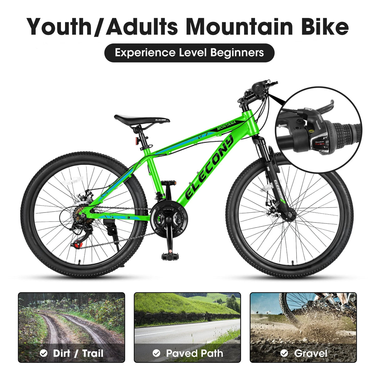 24" Mountain Bike, Aluminum Mountain Bike for Adult with Disc Brakes, Shimano 21 Speeds Bike for 14-18 Yeas Old ,Green