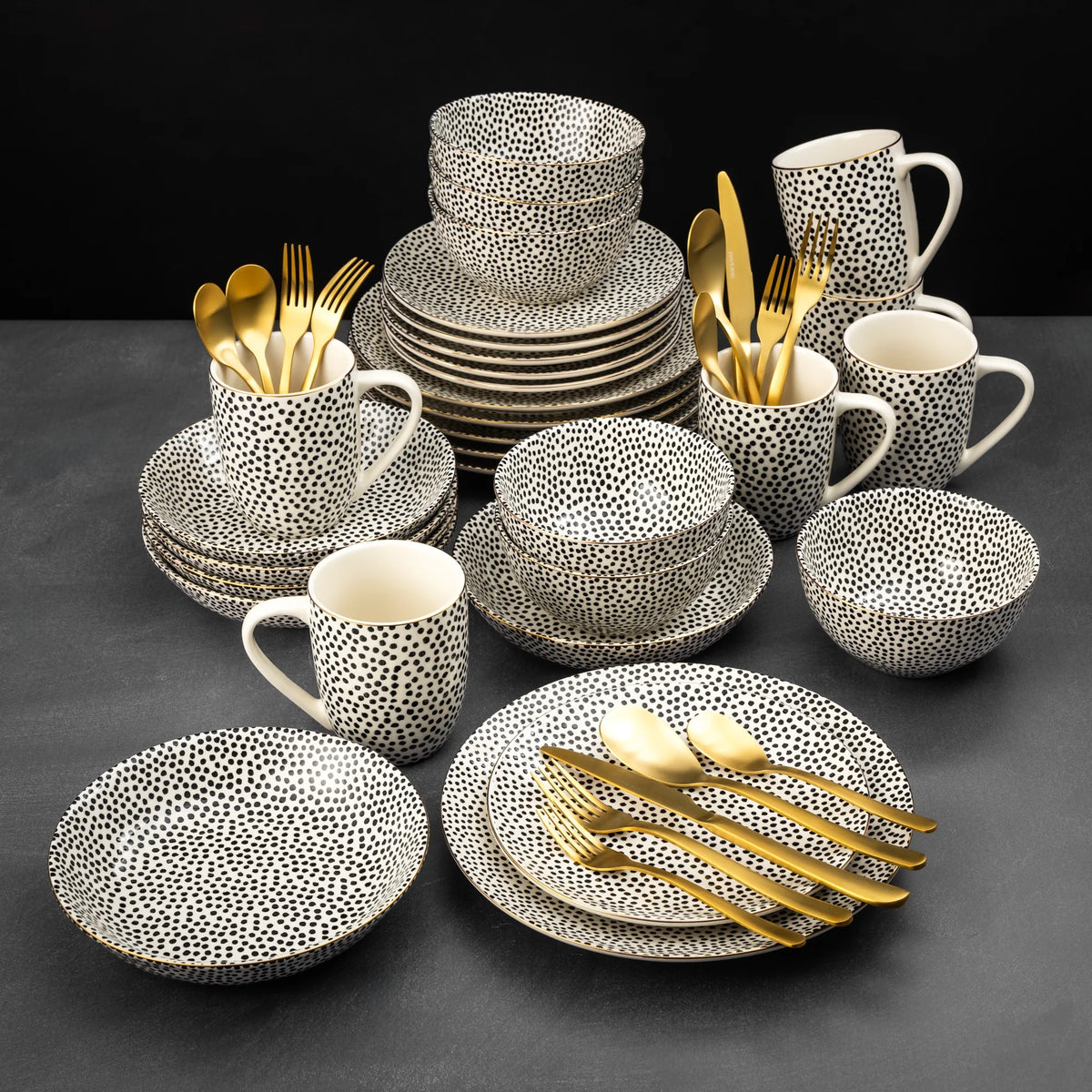 Thyme & Table 60-Piece Dot Dinnerware & Gold Flatware Set, Service for 6