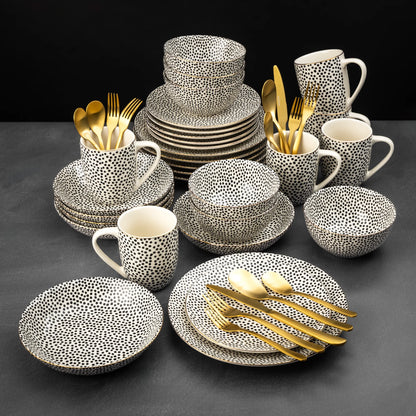 Thyme & Table 60-Piece Dot Dinnerware & Gold Flatware Set, Service for 6
