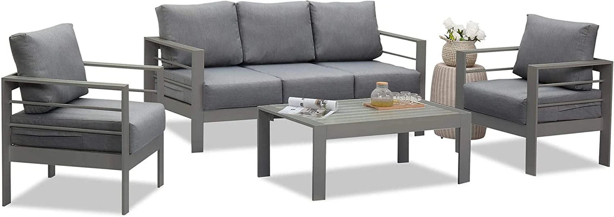 Superjoe Patio Furniture Aluminum Sofa All-Weather Outdoor 3 Seats Couch Gray Metal Chair with Dark Grey Cushions