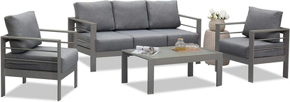 Superjoe Patio Furniture Aluminum Sofa All-Weather Outdoor 3 Seats Couch Gray Metal Chair with Dark Grey Cushions