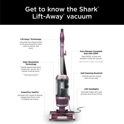 Shark Upright Vacuum, Lift-Away, Pet Friendly, Bagless, PowerFins HairPro & Odor Neutralizer Technology, Hard Floor and Carpet, Self Cleaning Brushroll, Anti Allergen &Swivel Steering , ZD550, Purple