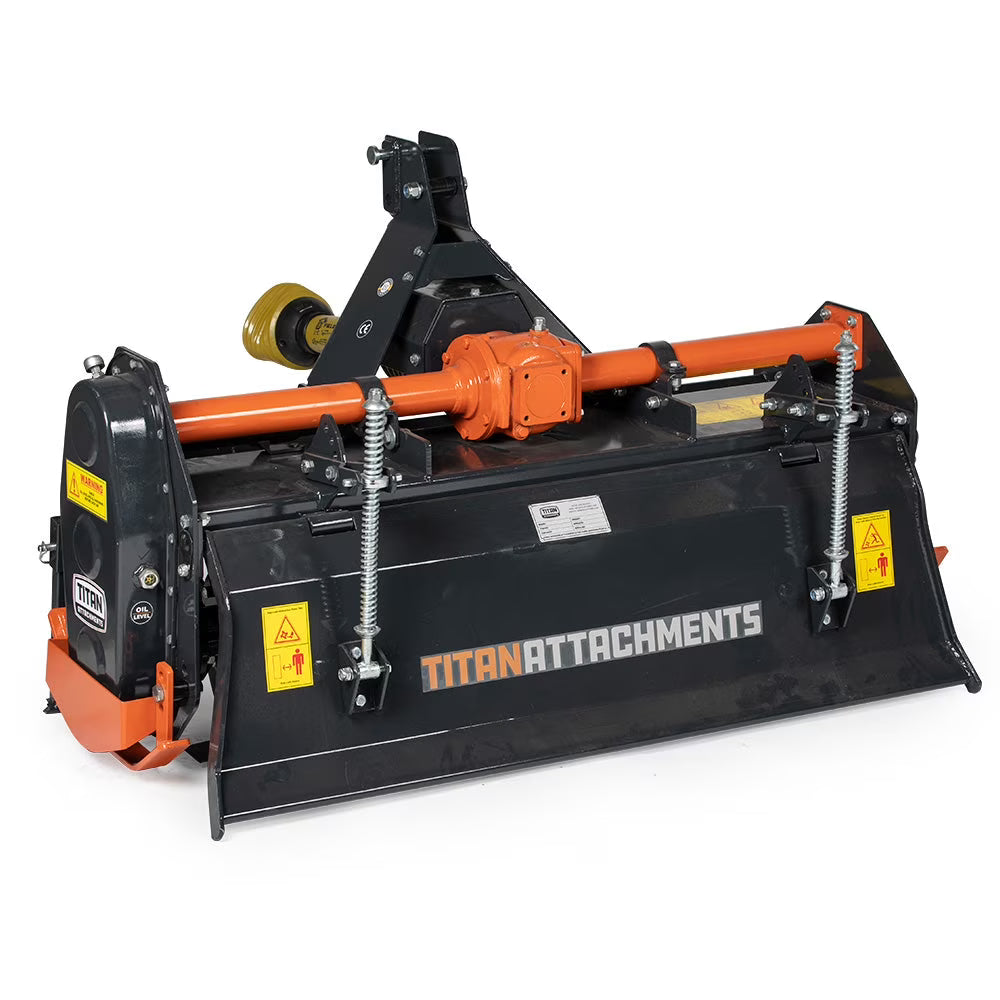 Titan Attachments 72n PTO Driven Rotary Tiller, Category 1, 3 Point Hitch, Single Speed Gear Drive, L-Shaped Tines Work 5in Deep