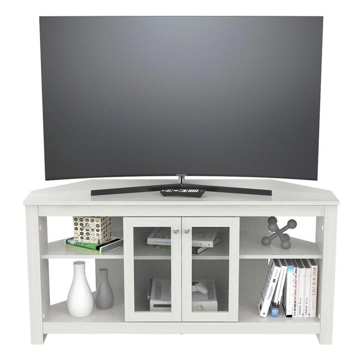 Inval Corner Laminate 60�� TV Stand with Glass Doors, White