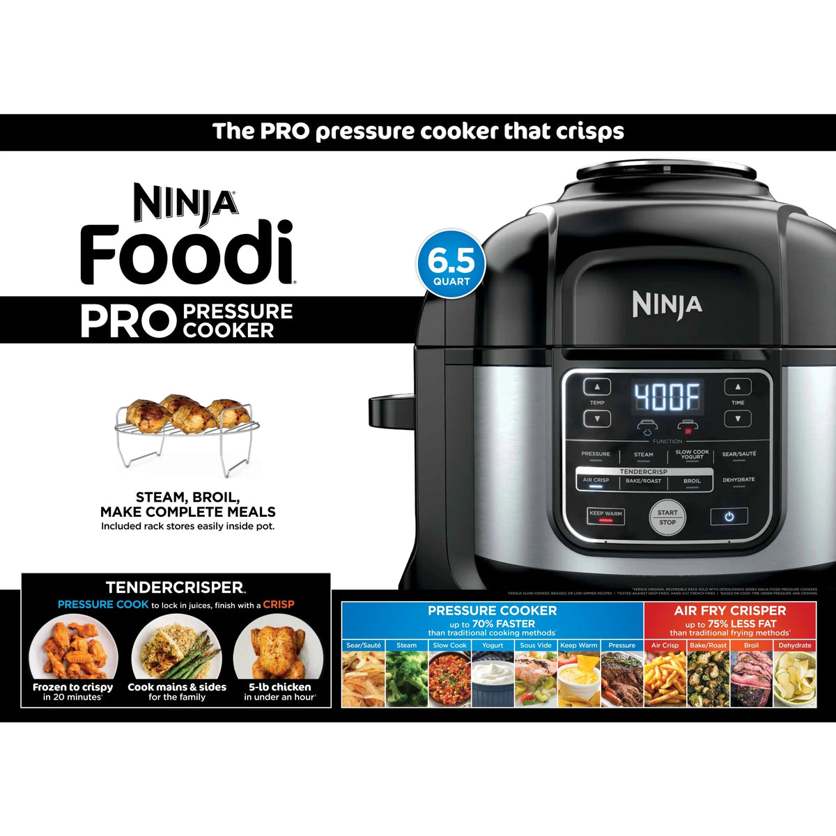 Ninja Foodi 10-in-1 Multi-Cooker, 6.5 Quart, Pressure Cooker & Air Fryer, Stainless Steel, OS300