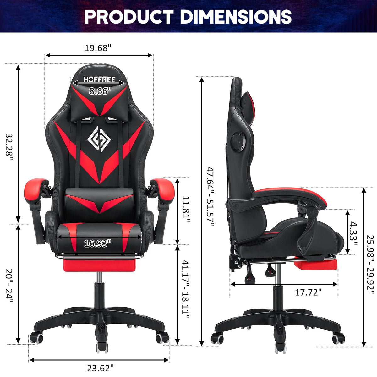 Hoffree Gaming Chair with Bluetooth Speakers Office Chair with Footrest and LED Lights Ergonomic Gaming Chairs High Back with Lumbar Support and Headrest Adjustable Swivel for Home Office 300lb