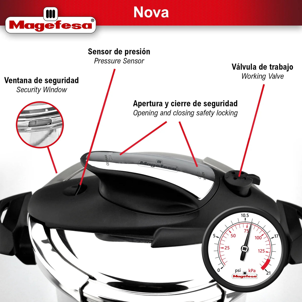 Magefesa Nova 4.2 Qt Stovetop Pressure Cooker �?Fast Cooking, Easy Locking, 18/10 Stainless Steel, Induction Compatible, 5 Safety Features, 11.6 PSI