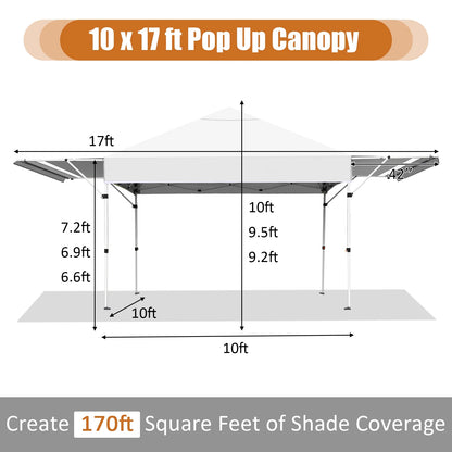Patiojoy 10x17ft Pop up Canopy  3 Height Adjustment Folding Tent with Roller Bag White