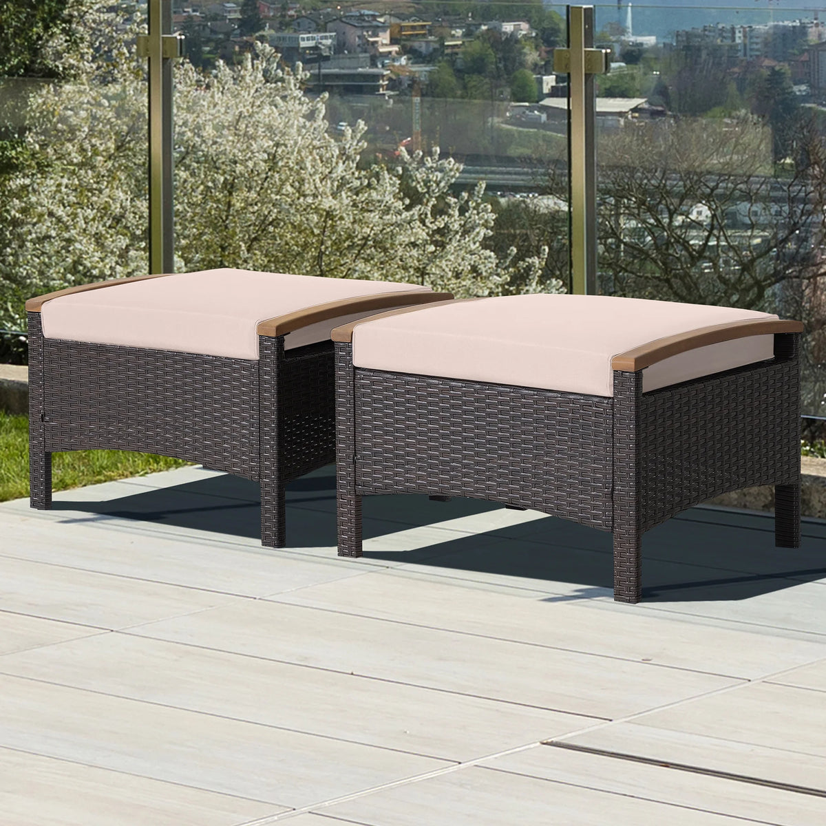 Costway Set of 2 Patio Rattan Ottoman Footrest Cushions Wooden Handle Beige