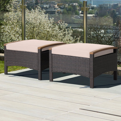 Costway Set of 2 Patio Rattan Ottoman Footrest Cushions Wooden Handle Beige