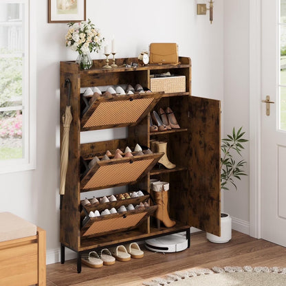 Garvee Rattan Shoe Storage Cabinet with Doors and 3 Flip Drawers, Freestanding Organizer with Adjustable Shelves for Entryway, Narrow Shoe Rack Cabinet for Hallway, Easy Assembly, Oak Color