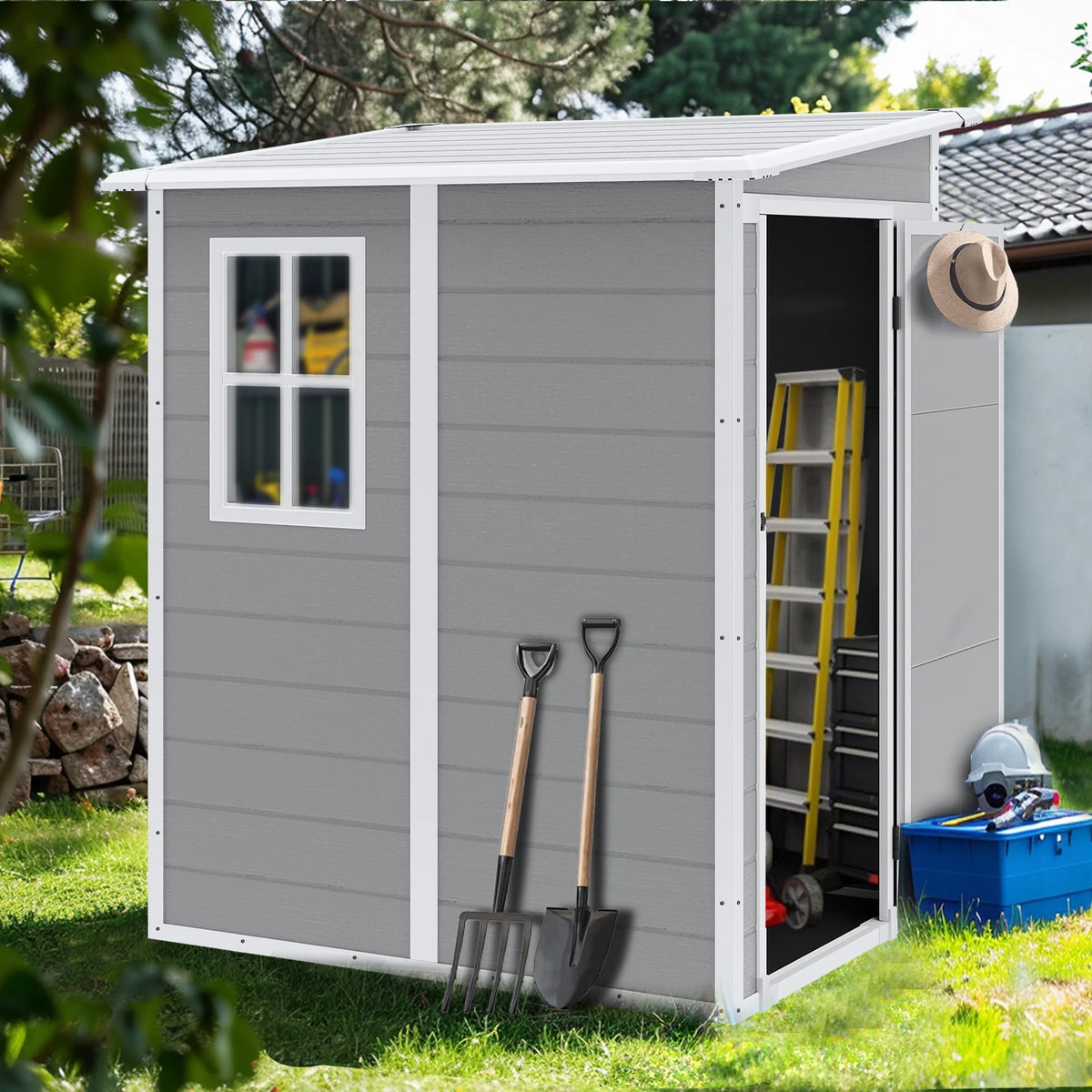 Outdoor Shed & Storage, Seizeen All-Weather Plastic Sheds 82'' H, Sloped Top Garden Shed with Window, Heavy-Duty Resin Outdoor Storage W/Floor, Gray