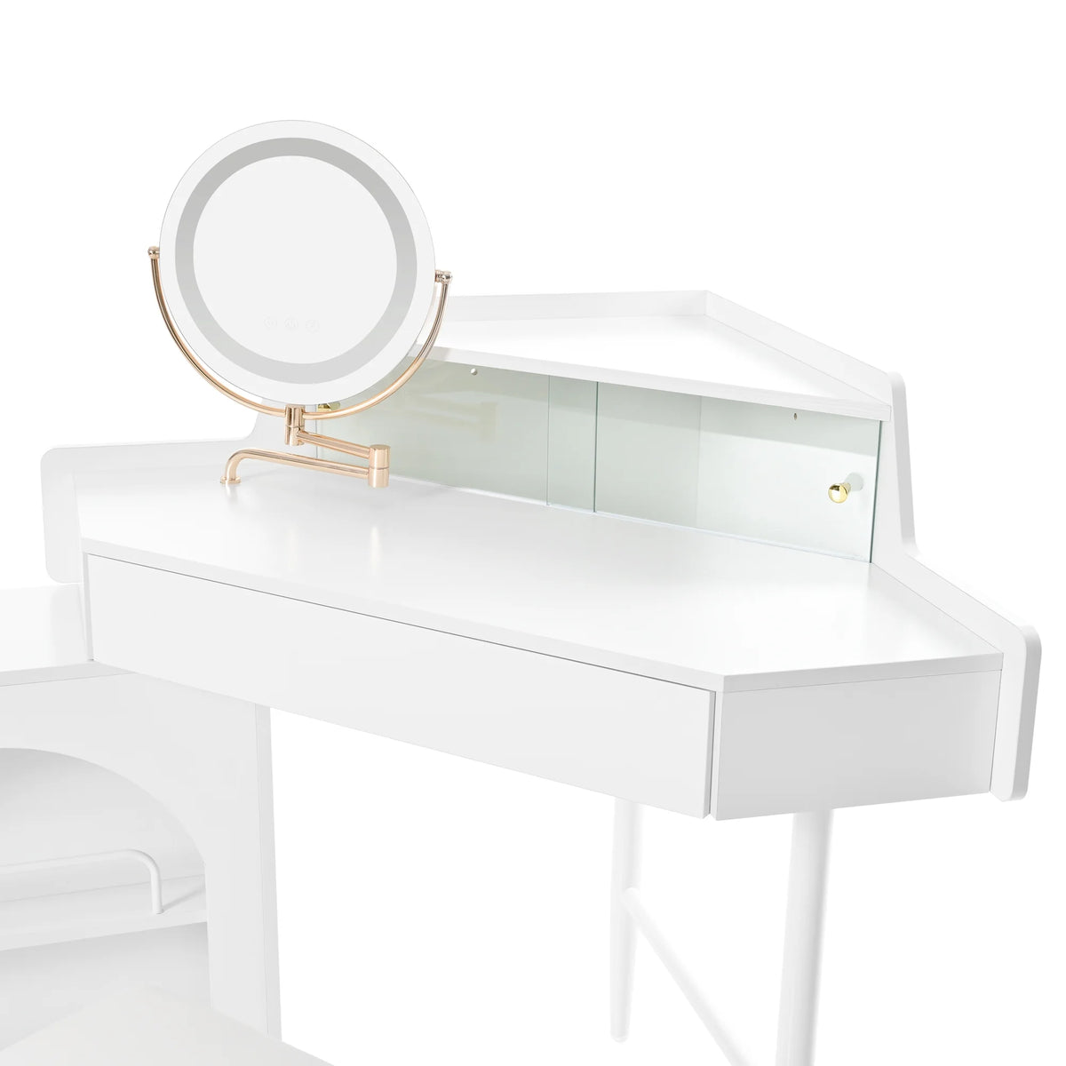 MODERNLUXE Corner Makeup Vanity Desk with Folding Mirror and Lights,Modern Vanity Set with 1 Stool,2 Drawers and 3 Shelves for Bedroom,Women, and Girls,Walnut