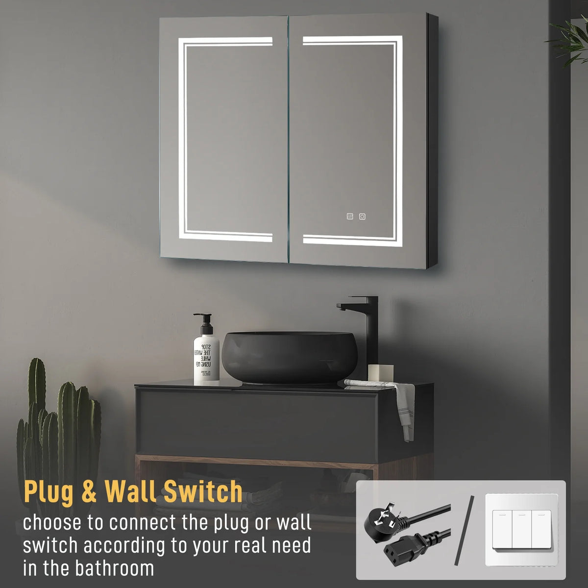 Ktaxon LED Lighted Medicine Cabinet with Mirror Bathroom Wall Cabinet w/ Defogger, Dimmable, Memory function, Outlets & USB, 32"x28", Black