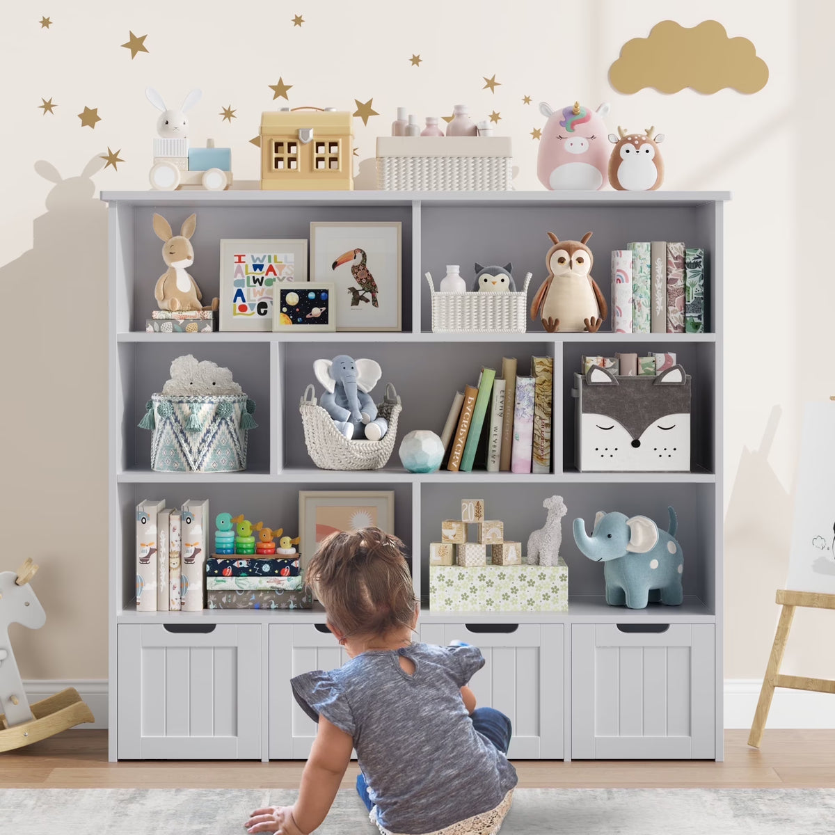 Homfa 7 Cube Toy Storage Organizer, Kids Geometric Bookcase and Bookshelf with 4 Drawers, White