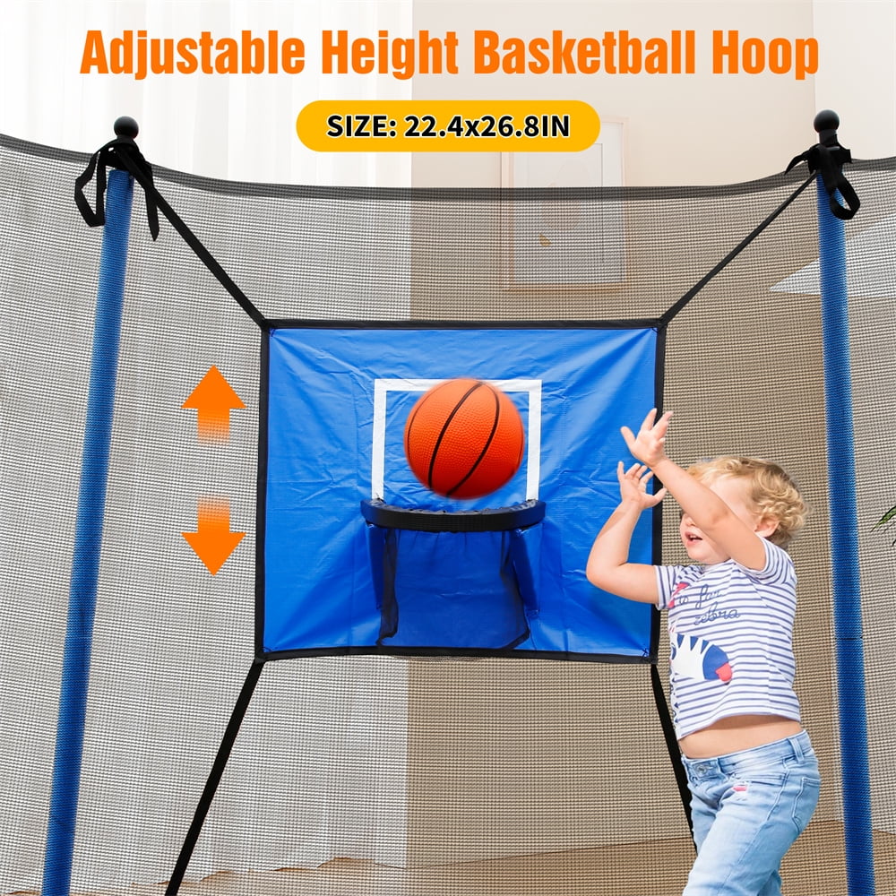 8FT Kids Recreational Trampoline with Basketball Hoop, Enclosure Net and 2 Steps Ladder for Indoor, Outdoor and Backyard, Blue