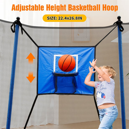 8FT Kids Recreational Trampoline with Basketball Hoop, Enclosure Net and 2 Steps Ladder for Indoor, Outdoor and Backyard, Blue