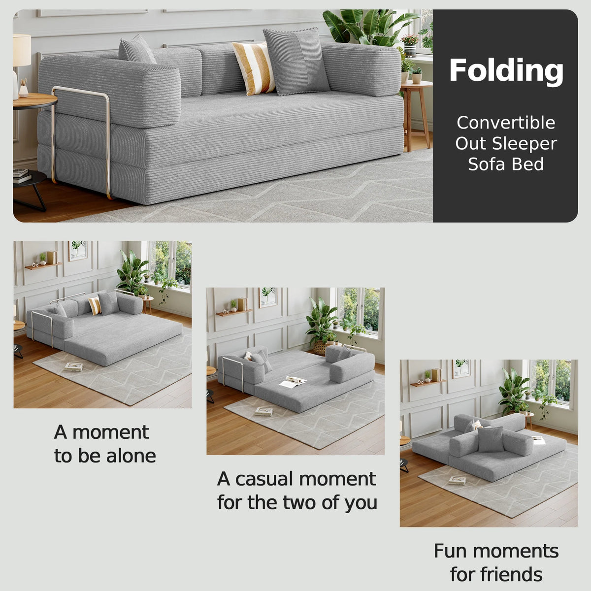 Convertible Sleeper Sofa Bed,Compressed Floor Boneless Couch,Modular Modern Corduroy Sofa for Living Room Bedroom -with Fixed-Shape Frame and Support Armrest,Easy Assembly(Green)