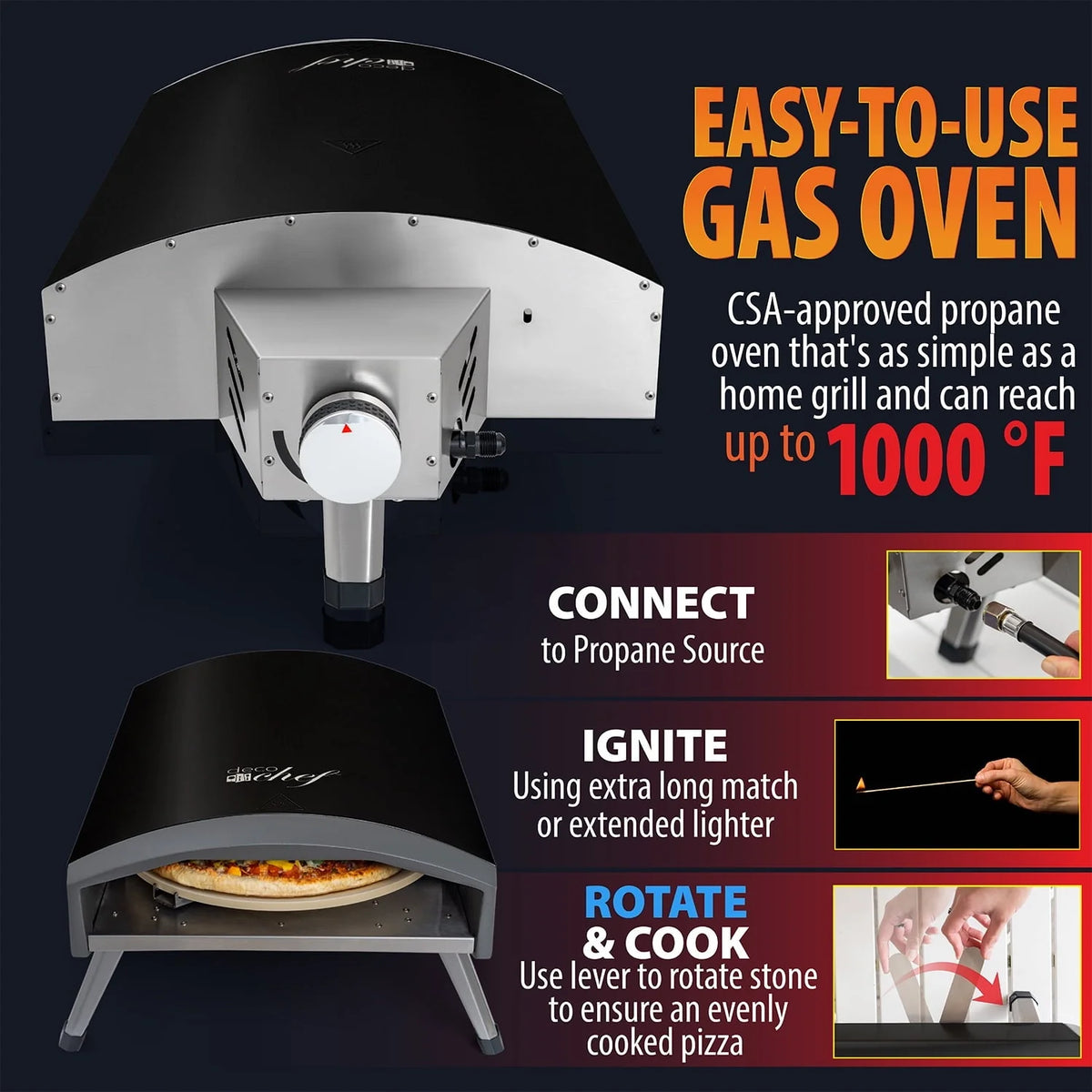 Deco Chef Outdoor Gas Pizza Oven, Portable Collapsable Design, Hassle-Free Self-Rotating Baking Stone, Black