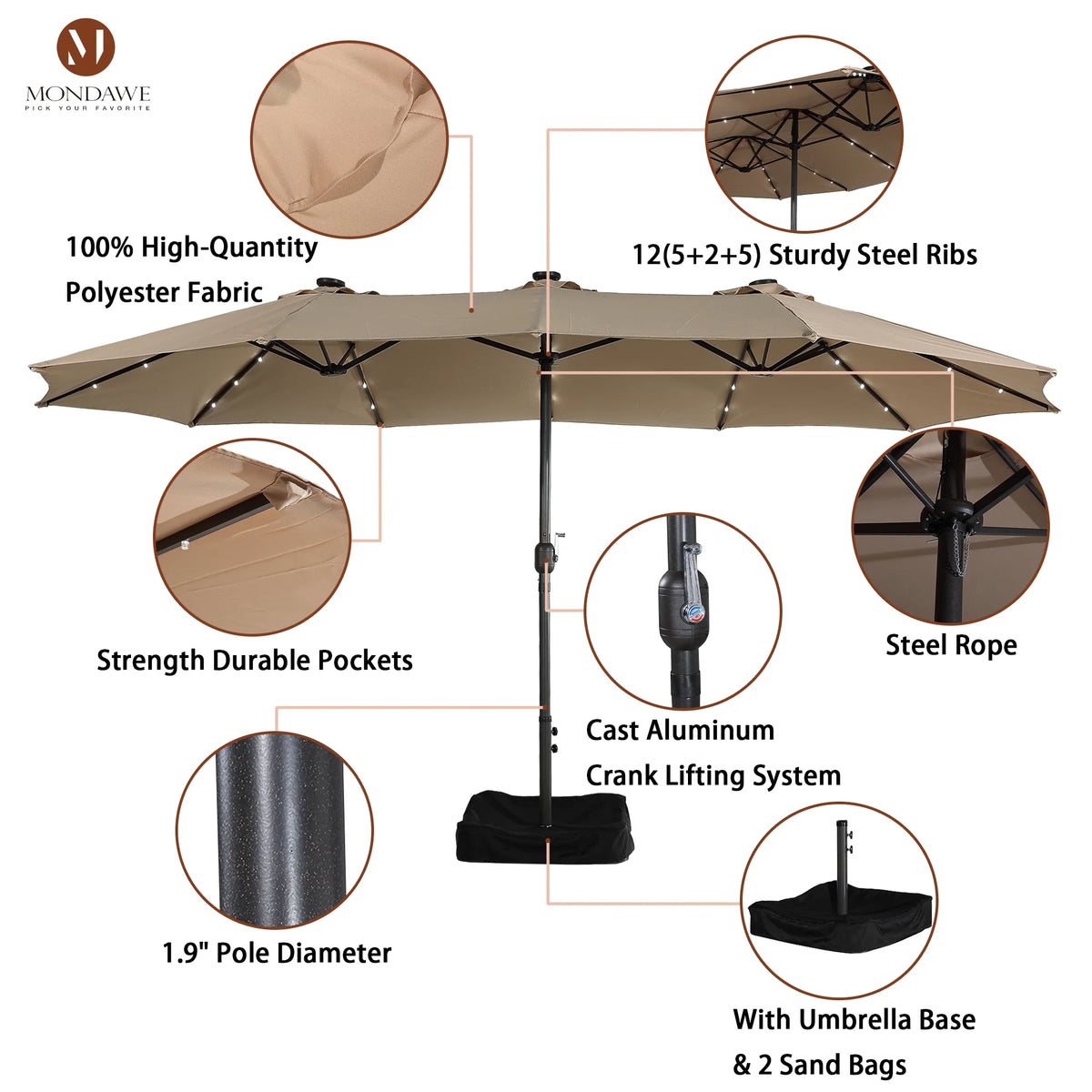 Mondawe 15ft Patio Umbrella Rectangular Outdoor Market Umbrella with Base and LED Lights Beige