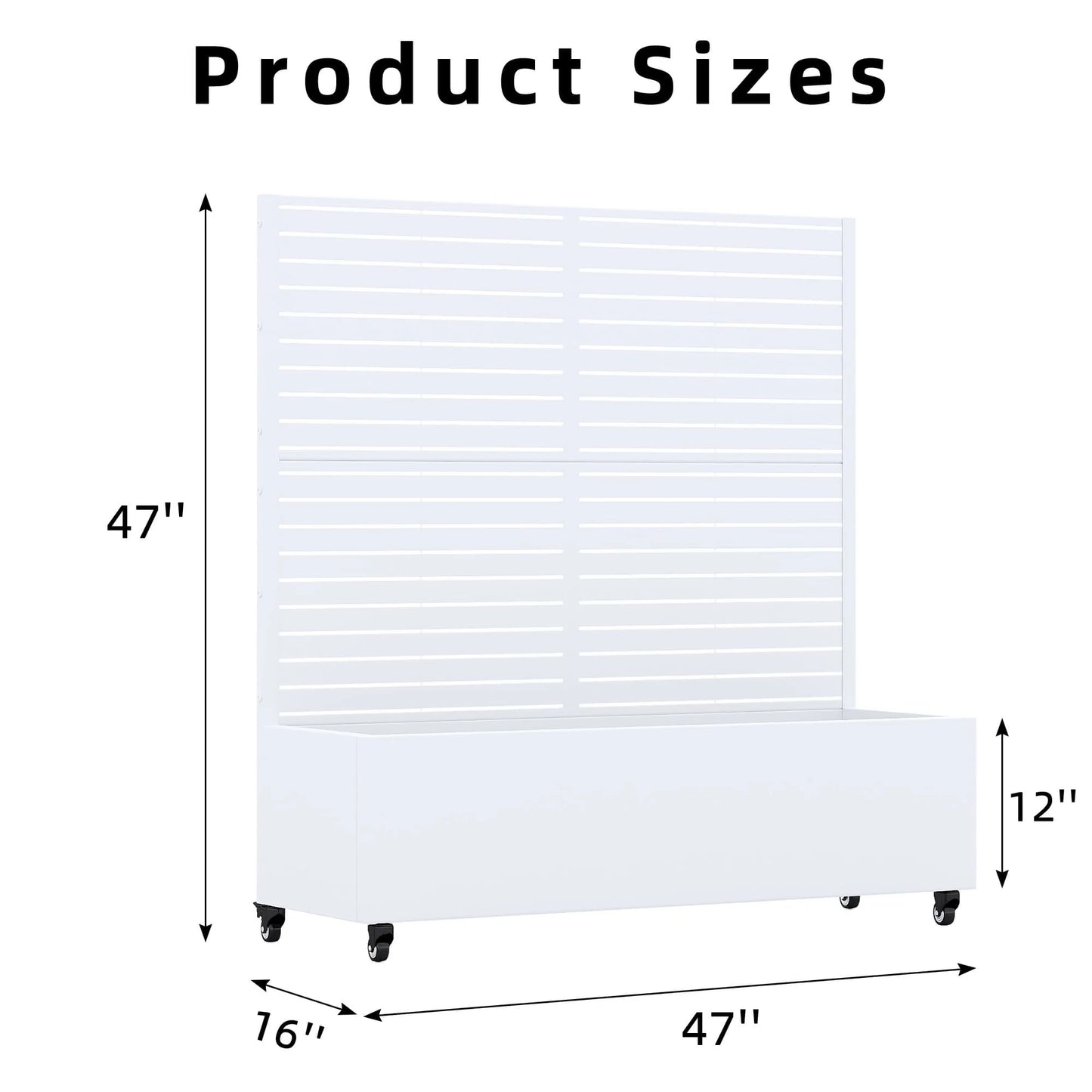 MAYEERTY 47*16*47"Outdoor White Metal Planter with Rect Louvered Climbing Trellis, Drainage hole & Wheels