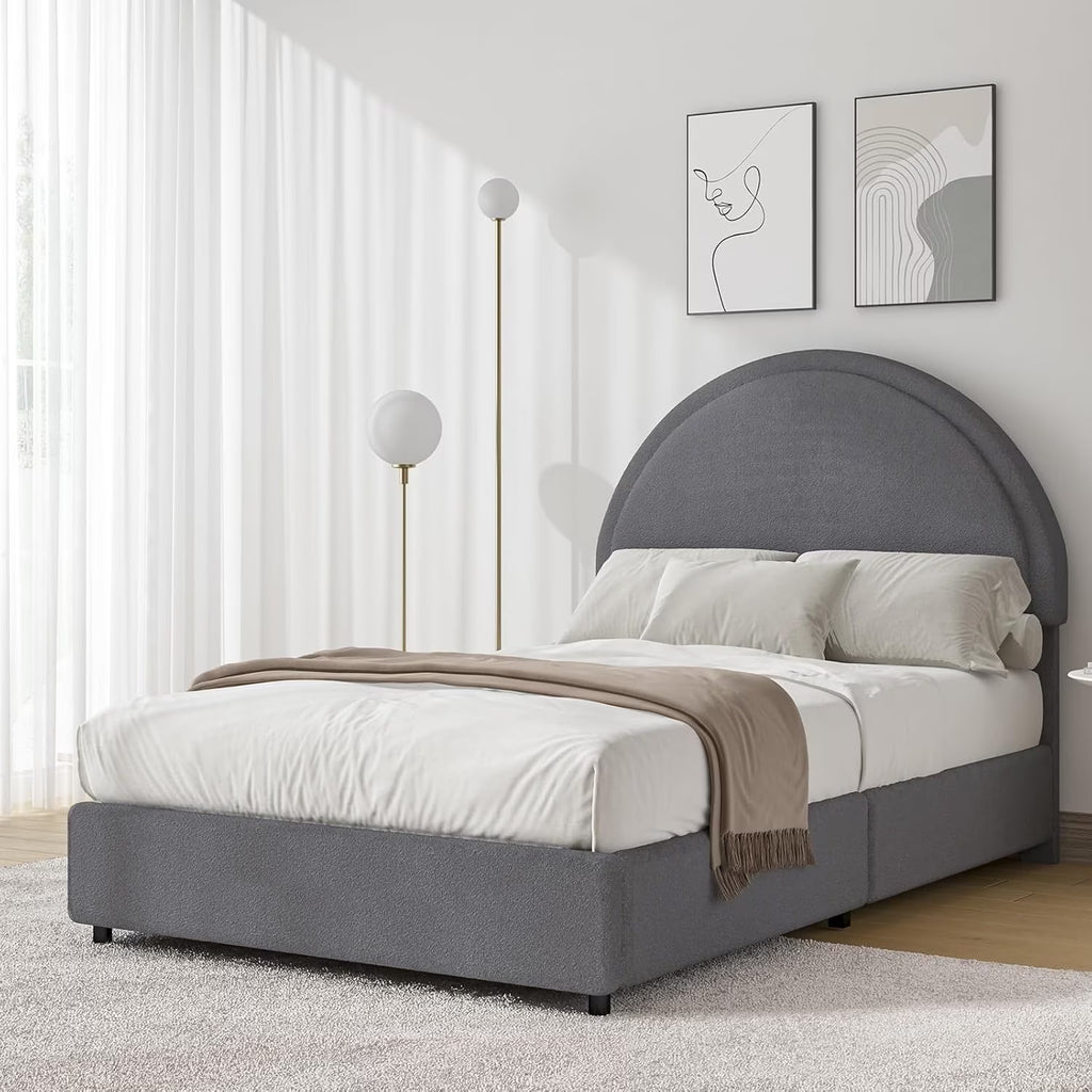 4 EVER WINNER Queen Size Bed Frame, Boucle Upholstered Bed Frame with Headboard, White Queen Bed Frame, White