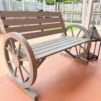 Outsunny Wooden Wagon Wheel Bench Rustic Outdoor Patio Furniture, 2-Person Seat Bench with Backrest Carbonized